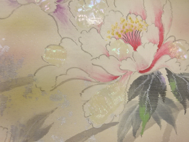  引箔螺鈿　手描き　牡丹模様　名古屋帯